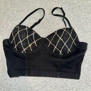 Haute Monde Black Denim Rhinestone Bustier Corset Crop Top Bralette Sz S